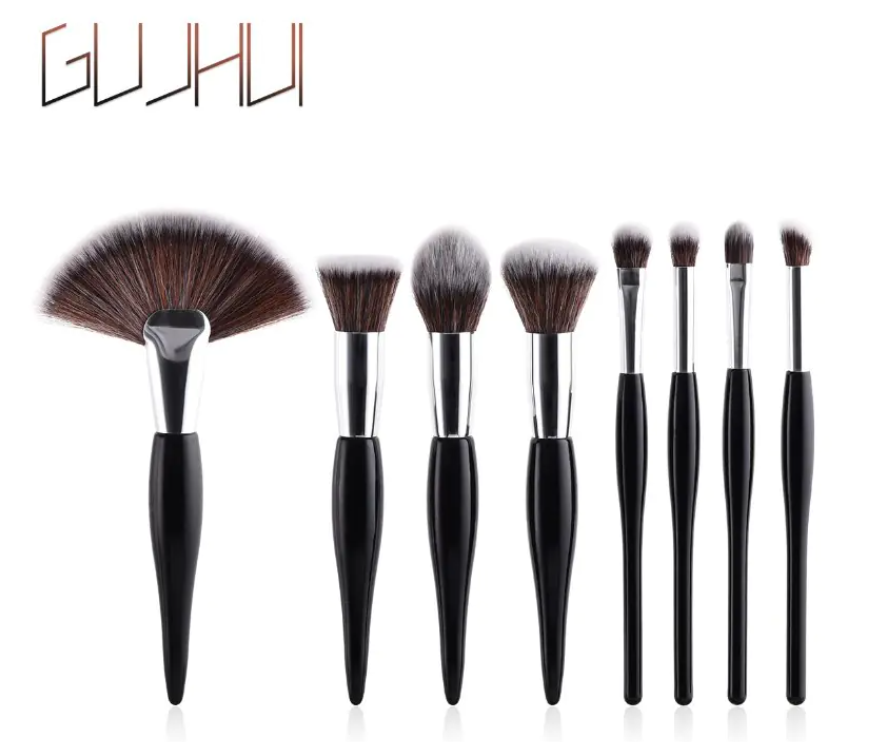 Professional Makeup Brush Set – 8 Pieces with Black Handle & Silver Tubes