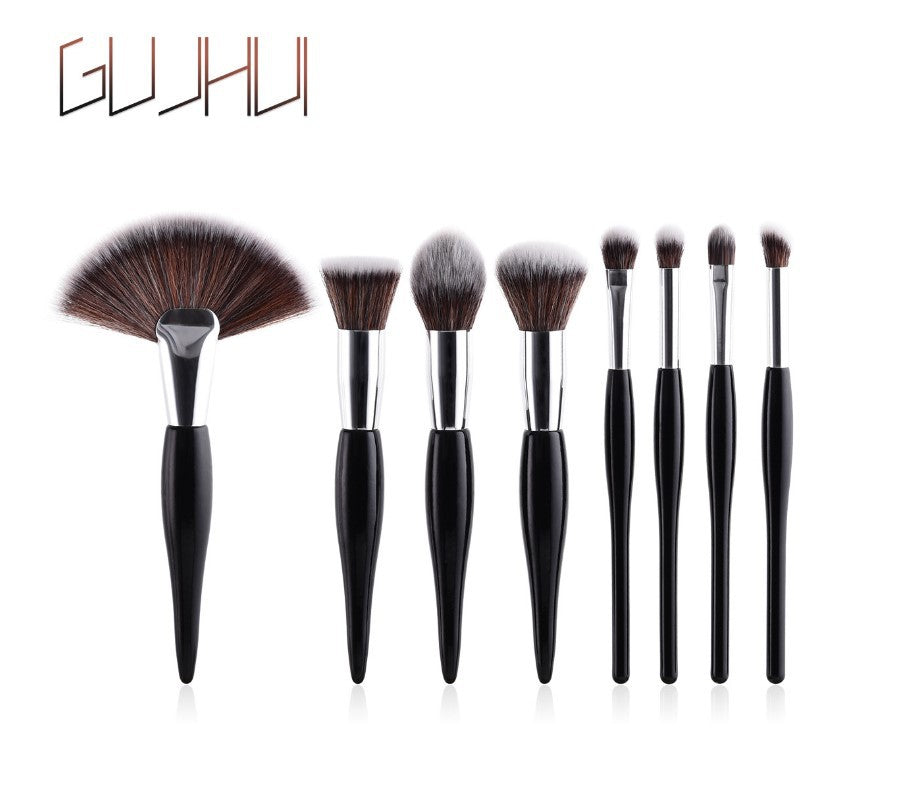 Professional Makeup Brush Set – 8 Pieces with Black Handle & Silver Tubes